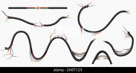 Realistic broken and torn copper electric power wires. Damaged cables with cuts. Disconnect communication cord. Danger power wire vector set Stock Vector