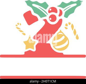 Number 2 is decorated with mistletoe and Christmas elements, personalized monogram, vector logo, emblems or initial design. Stock Vector