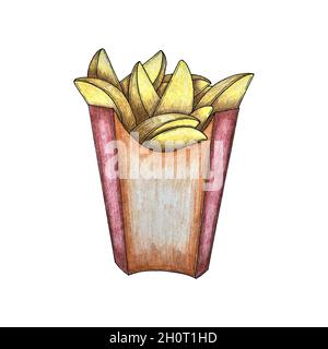 French fries, potato wedges. Sketch hand-drawn pencil drawing packaging box. Isolated, white background. Vector illustration Stock Vector
