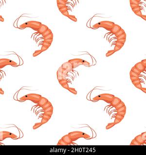 Seamless pattern with shrimps or prawns on a white background. Cute print for textiles, paper and other designs. A source of vitamins and healthy nutrition. Vector flat illustration Stock Vector