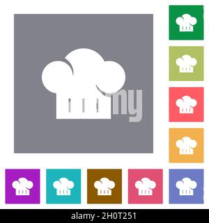 Chef hat solid flat icons on simple color square backgrounds Stock Vector