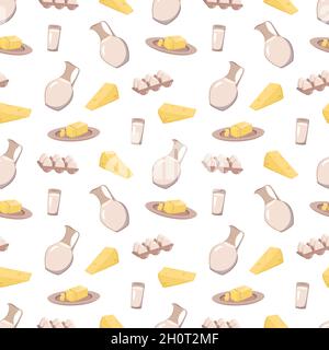 Seamless pattern with dairy products. Repeating icons of cheese, milk, eggs, butter. Print for textiles, paper, menus, cafes, restaurants designs. Vector flat illustration Stock Vector