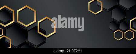 Abstract web background, set of golden hexagons on dark gray background - Vector illustration Stock Vector