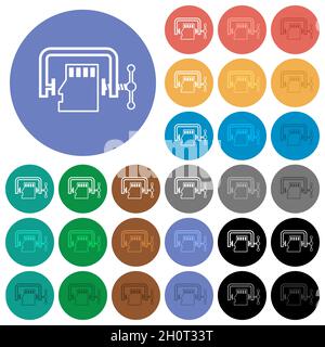 Micro sd memory card compress outline multi colored flat icons on round backgrounds. Included white, light and dark icon variations for hover and acti Stock Vector