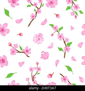 Pink sakura blossom flowers, petals and branches seamless pattern. Japanese spring cherry blooming print. Romantic floral vector wallpaper Stock Vector