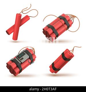 Realistic 3d red dynamite bomb with electronic timer detonator. Tnt sticks with wick. Explosive weapon, pyrotechnic, firecrackers vector set Stock Vector