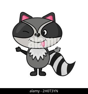 flat style happy raccoon with tongue character Stock Vector