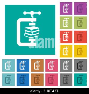 compressing books with vise clamp multi colored flat icons on plain square backgrounds. Included white and darker icon variations for hover or active Stock Vector