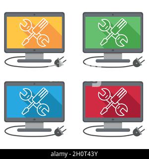 Set computer Service. Computer repair service. Laptop with screwdriver and wrench. PC repair label. Desktop Service. Stock Vector