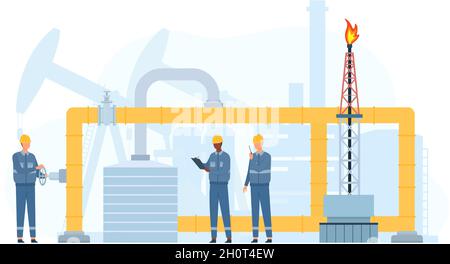 Engineers repair and service oil or gas transportation pipeline. Petrol industry workers check valve. Metal pipes maintenance vector concept Stock Vector