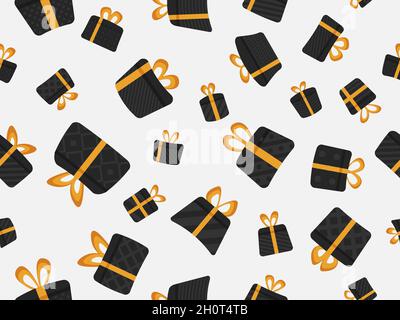 Seamless pattern with black gift boxes on white background. Gift boxes in flat style. Festive design for greeting card, wrapping paper, banners and pr Stock Vector
