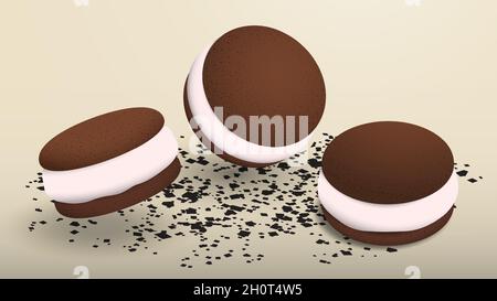 Sweet airy chocolate brownies fall on table covered with chocolate chips. Home festive tea party. Realistic vector illustration Stock Vector