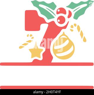 Number 7 is decorated with mistletoe and Christmas elements, personalized monogram, vector logo, emblems or initial design. Stock Vector