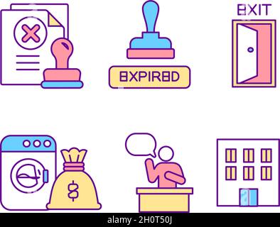 Legislation for illegal cases RGB color icons set Stock Vector