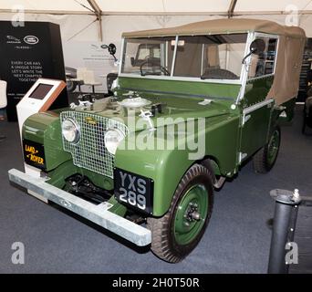 Three-quarters front view of a 1951, Land Rover Series 1  80' Utility, restored, in house by Jaguar Landover Classic. Stock Photo