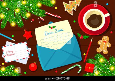 Letter to Santa in envelope with Christmas ornaments, coffee and gingerbread cookies on the table. Vector illustration flat. Stock Vector