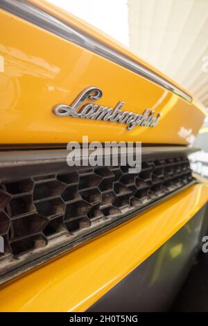 Darlington UK; 23rd August 2020: Auto Show (car show) yellow lamborghini rear spoiler Stock Photo