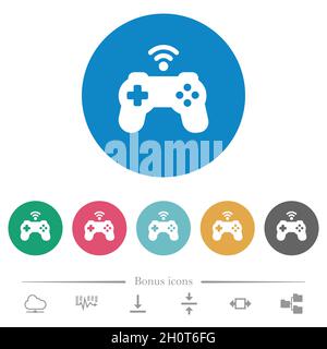 Wireless game controller flat white icons on round color backgrounds. 6 bonus icons included. Stock Vector