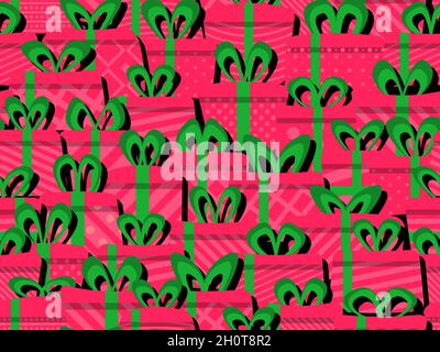 Seamless pattern with gift boxes and green ribbon. Gift boxes in flat style. Festive design for greeting card, wrapping paper, banners and promotional Stock Vector