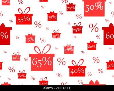Seamless pattern with red gift boxes on a white background. Gift boxes with percentage discount. Big sale. Festive design for promotional materials, w Stock Vector