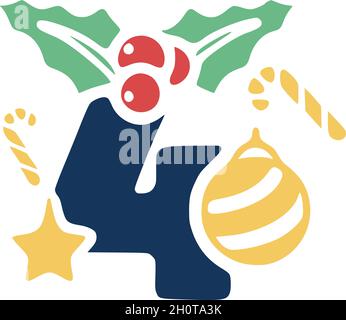 Number 4 is decorated with mistletoe and Christmas elements. New Year vector clip art. Stock Vector
