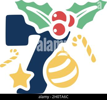 Number 7 is decorated with mistletoe and Christmas elements. New Year vector clip art. Stock Vector