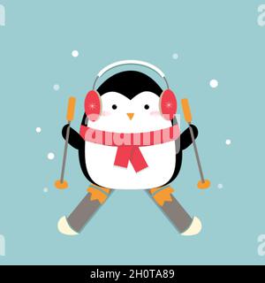 A cute cartoon Christmas penguin winter skiing Stock Vector