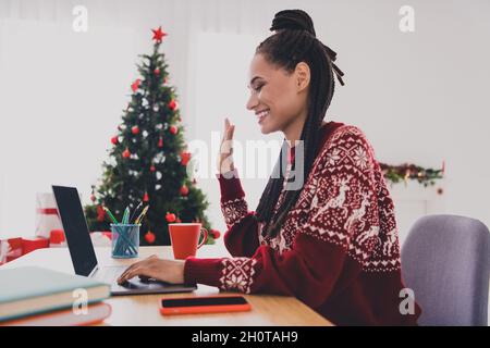 Profile side view portrait of attractive cheerful girl using laptop waving hello congrats festal spirit at decorated home indoors Stock Photo