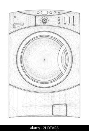 Washing machine wireframe from black lines isolated on white background. Front view. 3D. Vector illustration. Stock Vector