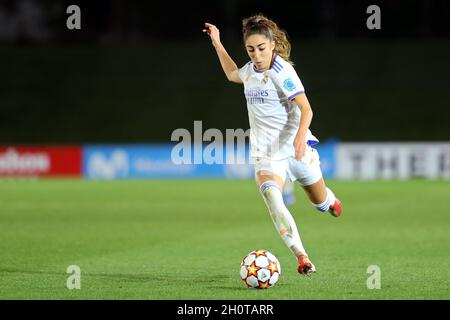 Olga Carmona of Real Madrid celebrates after scoring goalduring the UEFA  Womens Champions League, date 2 between Real Madrid and Beioablik played at  Alfredo Di Stefano Stadium on October 13, 2021 in