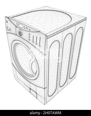 Washing machine wireframe from black lines isolated on white background. Isometric view. 3D. Vector illustration. Stock Vector