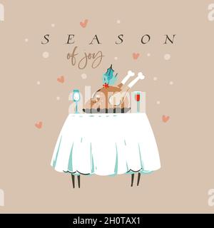 Hand drawn vector abstract fun Merry Christmas and Happy New Year time cartoon illustration greeting card with turkey dinner and Season of Joy text Stock Vector