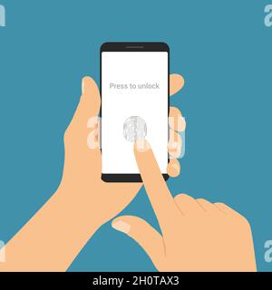 Flat design illustration of male hand holding smartphone. Unlock touch screen with fingerprint - vector Stock Vector