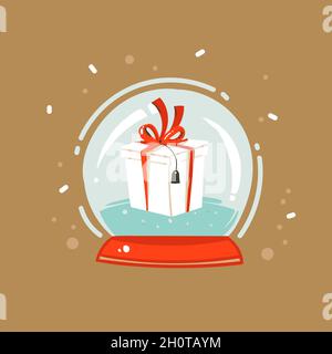 Hand drawn vector abstract fun Merry Christmas and Happy New Year time cartoon illustration greeting card with xmas surprise gift box in snow globe Stock Vector