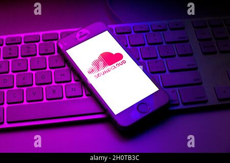 October 13, 2021, Barcelona, Catalonia, Spain: In this photo illustration a SoundCloud logo seen displayed on a smartphone on top of a computer keyboard (Credit Image: © Thiago Prudencio/DAX via ZUMA Press Wire) Stock Photo