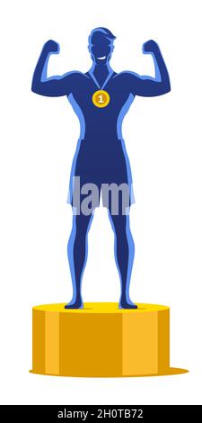 Happy champion with arms up, standing on golden stage. First place winner sportsman, with a gold medal. Success and winning concept vector illustration. Stock Vector