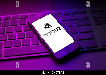 October 13, 2021, Barcelona, Catalonia, Spain: In this photo illustration a Qobuz logo seen displayed on a smartphone on top of a computer keyboard (Credit Image: © Thiago Prudencio/DAX via ZUMA Press Wire) Stock Photo