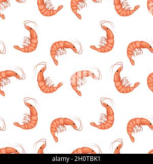 Seamless pattern with shrimps or prawns on a white background. Cute print for textiles, paper and other designs. A source of vitamins and healthy nutrition. Vector flat illustration Stock Vector