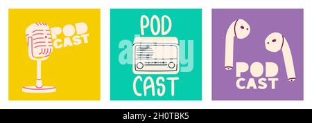 Podcast cover set. Wireless headphones, studio mic and vintage radio, and lettering podcast. Hand painted in the style of drawing colored pencils Stock Vector