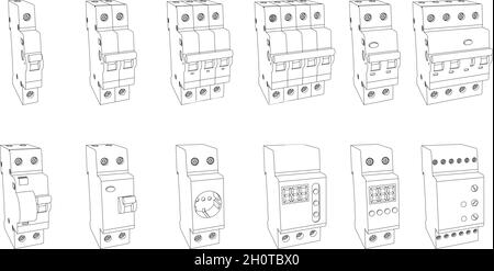 Vector set of line art switchboard elements for fuse control box - safety circuit breaker, relay, residual current circuit breaker. Perspective view Stock Vector