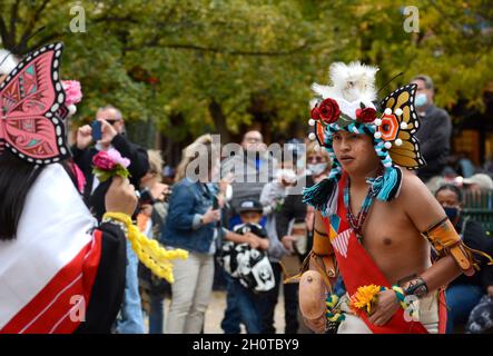 Native American dancers from the Zuni Pueblo in New Mexico perform at an Indigenous Peoples' Day event in Santa Fe, New Mexico. Stock Photo