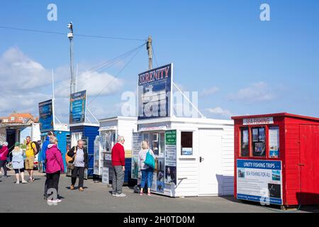 Kiosks selling tickets for Farne Islands sightseeing trips wildlife trips and bird watching trips Seahouses Harbour Northumberland coast England UK Stock Photo