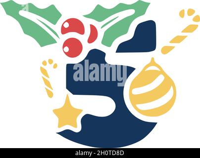 Number 5 is decorated with mistletoe and Christmas elements. New Year vector clip art. Stock Vector