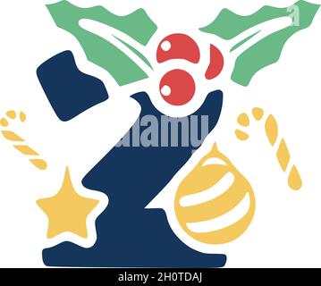 Number 2 is decorated with mistletoe and Christmas elements. New Year vector clip art. Stock Vector