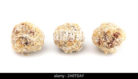 Coconut Chocolate Energy Balls on a White Background Stock Photo