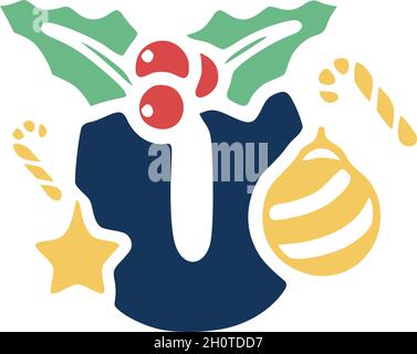 Number 0 is decorated with mistletoe and Christmas elements. New Year vector clip art. Stock Vector