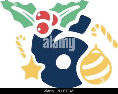 Number 6 is decorated with mistletoe and Christmas elements. New Year vector clip art. Stock Vector