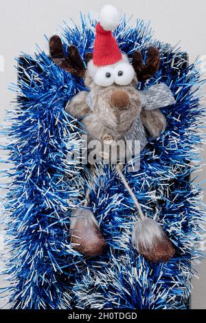 A funny soft toy deer with a Santa hat sits in box with blue tinsel. Christmas decor. Stock Photo