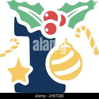Number 1 is decorated with mistletoe and Christmas elements. New Year vector clip art. Stock Vector