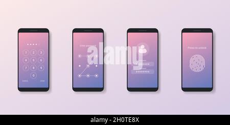 Set of unlock and login screens on a mobile phone. Numeric code, password and username with fingerprint - vector Stock Vector